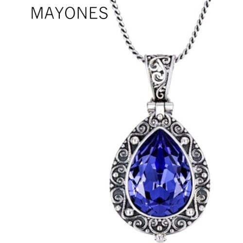 925 Sterling Silver Natural Crystal Pendant Openable Kwu Box Drop Shape Vintage Flower Engraved Pendant Girlfriend Gift