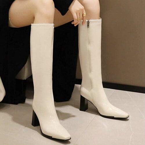 Ladies Patent Leather Knee Boots Spring Autumn Stitching Square Toe Boots Ladies Winter Square Heel Side Zipper Shoes
