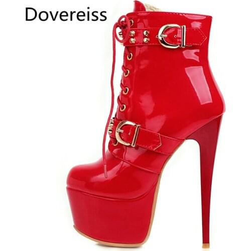 Dovereiss Fashion Womens Shoes Winter Pure color red white Platform new Buckle Cross tied Pointed Toe Sexy Ankle boots 33-48