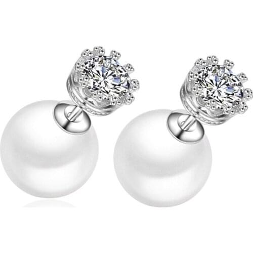 S925 Silver Earring Sparkling Pearl with Crown Stud Earring For Women Wedding Gift Lady Girl Fashion Zircon Jewelry