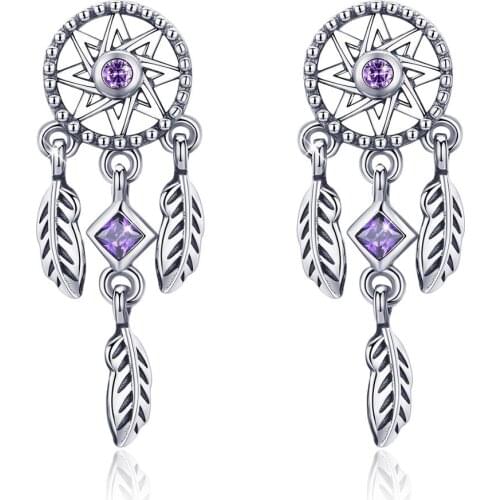 ANNA QUEEN Vintage Dream Catcher Holder Drop Earrings Purple Cubic Zirconia Jewelry Gift for Women BJ09127