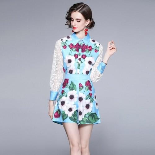 Runway Fashion Floral Shorts Set Womens Lace Patchwork Long Sleeve Shirt Top + Shorts Two Piece Set Women Summer Clothes