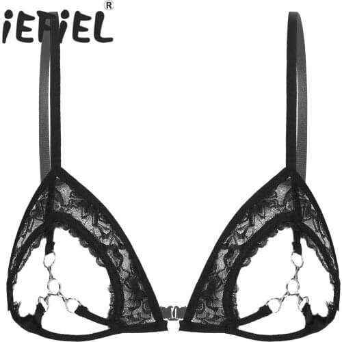 Women Lingerie See Through Lace Sissy Bra Lingerie Adjustable Straps Open Cups Nightwear Sexy Costumes Bra Top with Metal Rings