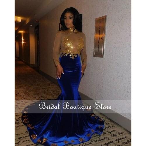Sexy Mermaid High Neck Prom Dresses Gold Appliques Long Sleeves Velvet Long Evening Dress Royal Blue Sweep Train Prom Gowns