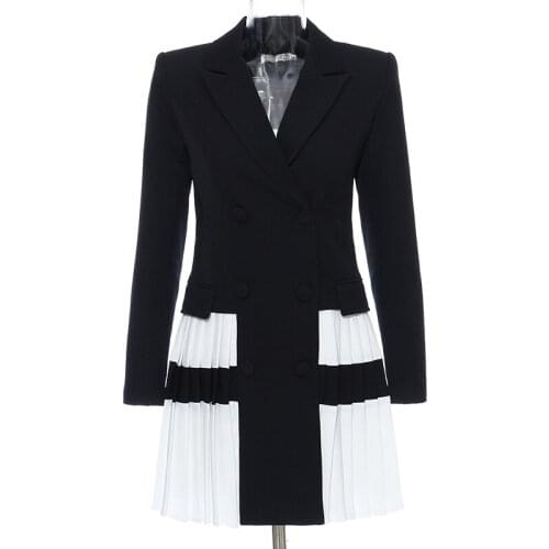 Women Blazer Dress Contrast Color Spring Autumn Heavy Weight Double Breasted Pleated Dress