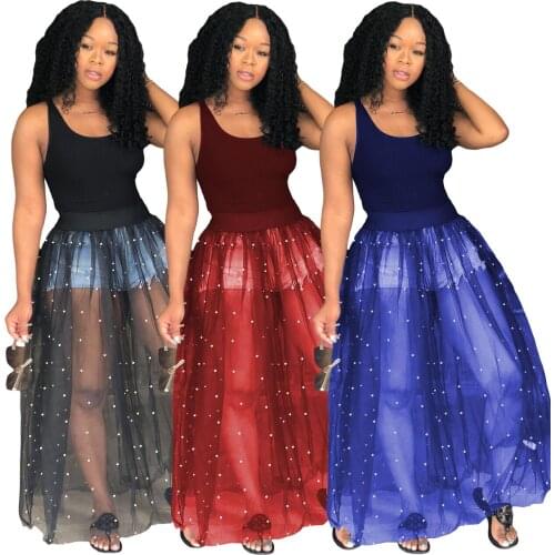 2018 Women Summer Dress Sexy Mesh Beading Ball Gown Maxi Dresses Sleeveless O-neck Party Vestidos