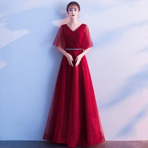 Robe De Soiree 2021 New The Floor-length Formal Evening Dress Elegant V-neck Short Sleeve Simple A-line Tulle Evening Dresses