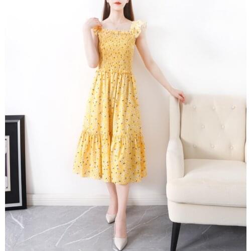 2021 New Spring Summer Off Shoulder Yellow Print Midi Dress US2-8 US Fashion