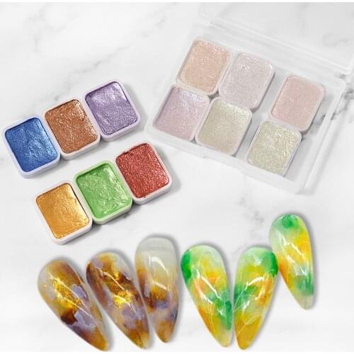 6Colors Pearl Shimmer Nail Art Pigment Painting Glitter Solid Paint Bronze Gold Gradient Watercolor Powder Metallic Draw Chrome