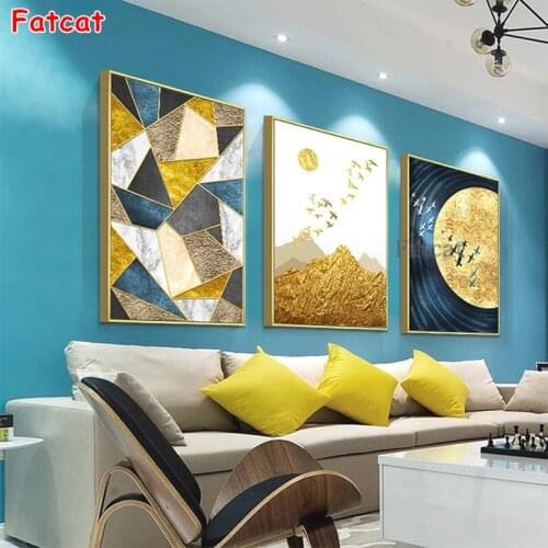 Diamond Painting Abstract art, golden moon, mountains, birds Diamond Embroidery Full square/round drilling 5d Diamond3pcs PP2085