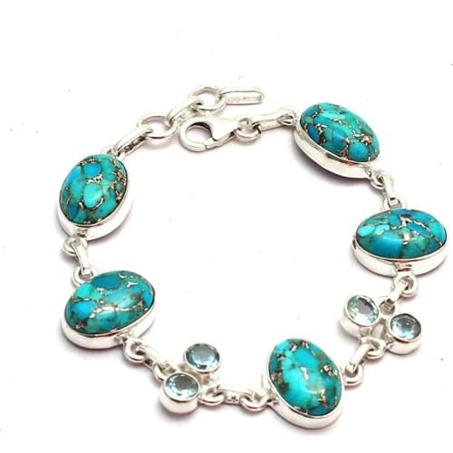 Genuine Blue Copper Turquoise + Blue Topaz Bracelet 925 Sterling Silver,18 cm, GRP0344