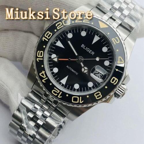 BLIGER 40mm sterile mechanical watch ceramic bezel sapphire glass black dial luminous waterproof mens top GMT automatic watch