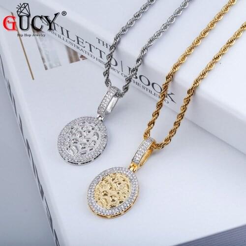 GUCY Hip Hop Oval Pendant Necklace Gold Silver Color Plated Micro Pave CZ Stones With 4 Four Optional Chains Mens Charm Gift