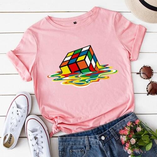Harajuku Oversized Rubiks Cube Print Tops 100% Cotton S-5XL Short Sleeve T Shirt Casual Graphic Tees Basic Loose Women Tshirt