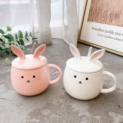 450ml cartoon rabbit coffee mug cute breakfast mug with lid spoon creative pink rabbit ceramic cup ladies office cup