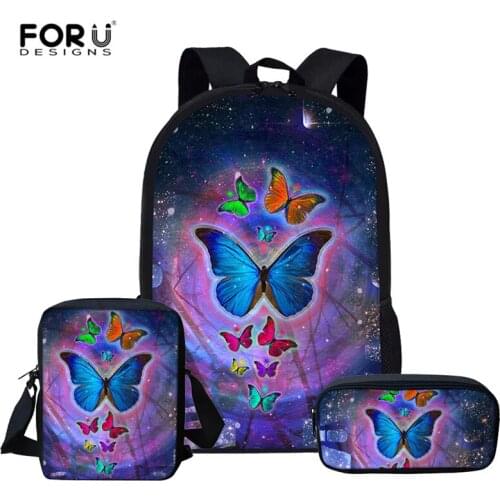 FORUDESIGNS 3pcs/set School Bag Set Girl Backpack Custom Butterfly Schoolbags for Teenage Boys Students Bag Back Mochila
