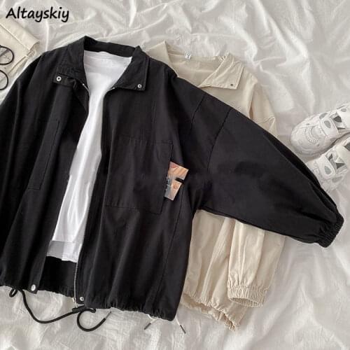 Women Basic Jackets Solid Zipper Cargo Style Students Harajuku Korean Style Loose Windbreaker Vintage Coats BF Oversized Clothes