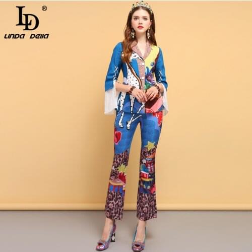 LD LINDA DELLA Fashion Designer Spring Vintage Suits Womens Bow Tie Animal Print Shirt and Floral Printed Pants 2 Pieces Set