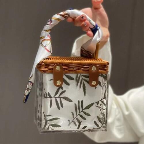 Leaves Acrylic Clear Box Bags for Women 2021 Bohemian Bamboo Handle Handbag Rattan Bags Transparent Splicing Tote Beach Bag Ins