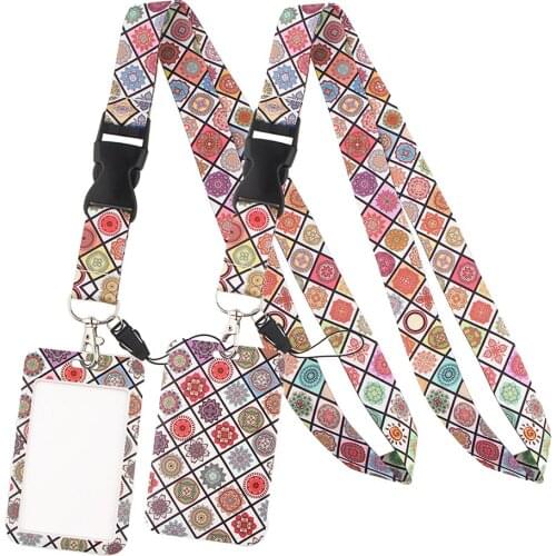 LT659 Vintage Bohemian Mandala Flower Keychain Ribbon Lanyards for Keys ID Card Phone Straps Hanging Rope Lariat Badge Holder