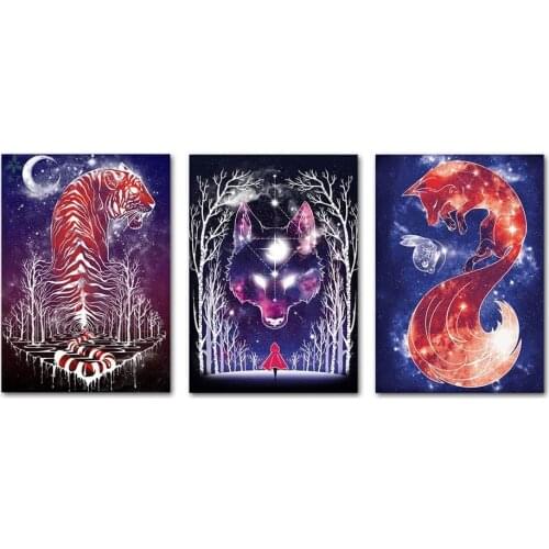 Mythological Canvas Wall Art For Tiger Little Red Riding Hood And Wolf Fox And Moon Rabbit Painting On Canvas Indoor Decor