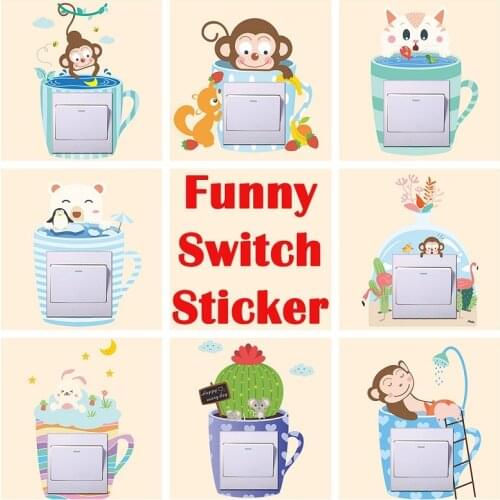 Cute Animals In Cup Pattern Switch Stickers For Kids Room Home Decoration Cartoon Monkey Cat Bunny Mural Art Pvc Decal Poster