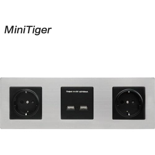Minitiger Wall Stainless Steel Panel Double Socket 16A EU Electrical Outlet Dual USB Smart Charging Port 5V 2A Output Black