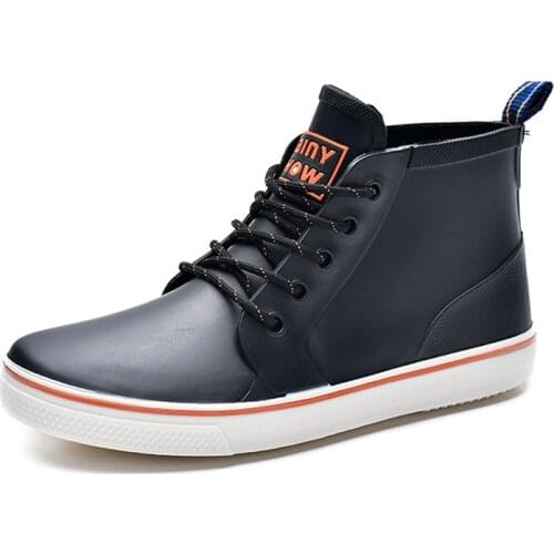 Fashion Men Waterproof Board Shoes Pure-color Mens Rain Boots Rainfall Shoes Youth Tie-up Water Shoes Men Ankle Boots