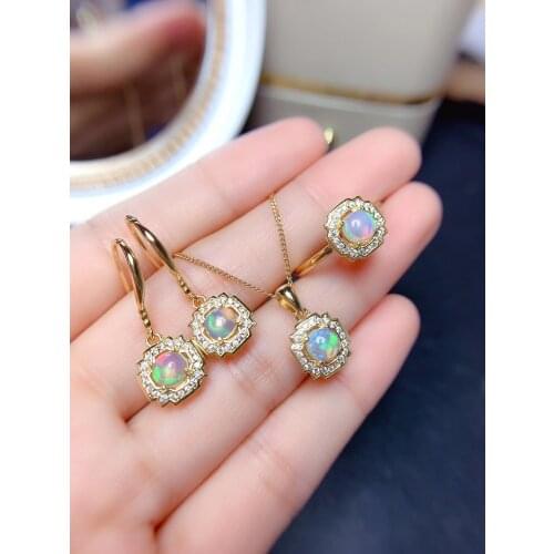 Natural opal gemstone ring stud earrings and necklace jewelry set for women real silver gold plated round natural gem party gift