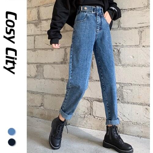 2021 New Fashion Vintage Black/Blue Baggy Jeans High Waist Classic Harem Pants For Women Girls Lady Straight Leg Denim Trousers