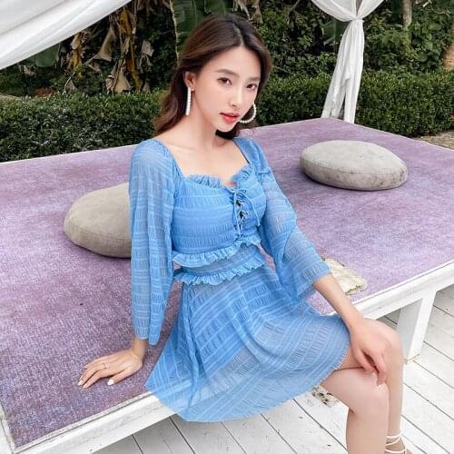 2021 New Korean Style Solid Bikini Set Padded Swimsuit Long Sleeve Swimwear Beach Bath Suit Two Piece Bathers Swimskirt