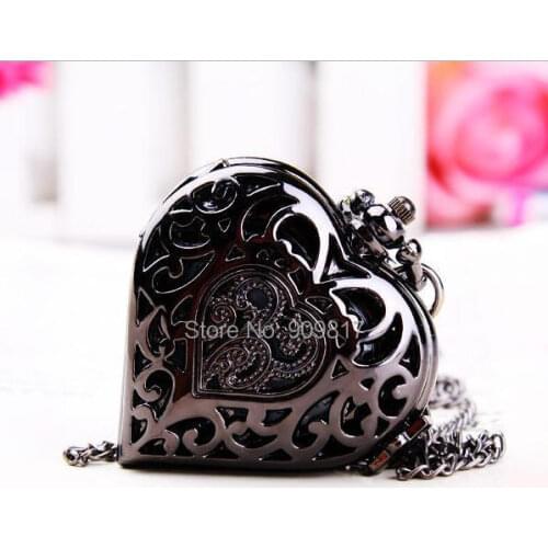 Hot Sale High Quality Black " heart " Pocket Watch necklace For Xmas Gift (10pcs/lot )199754