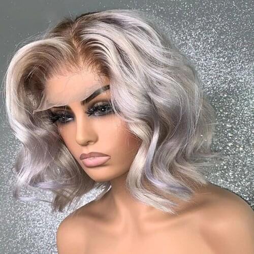 Short Cut Bob Ombre Ash Gray Blonde Body Wave Lace Front Wig For Women Human Remy Hair With Baby Hair Preplucked Brazilian Daily