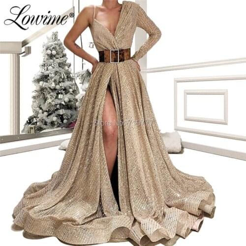 High Split Side Prom Dresses Vestidos De Gala Long Party Gowns African Shiny Fabric Evening Dress Dubai Arabic Formal Dress 2019