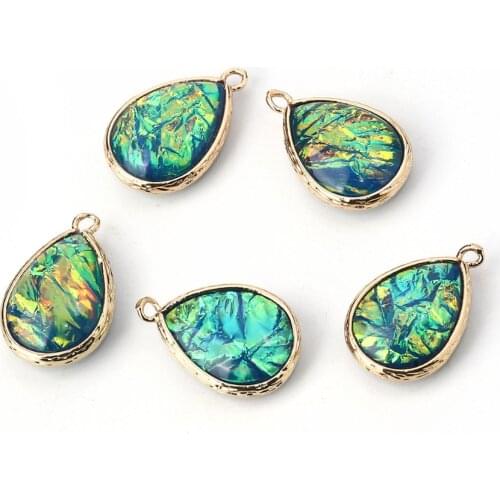 DoreenBeads Copper & Resin Pendant AB Rainbow Color Aurora Borealis Charms Drop Light Golden Blue 23 x15mm - 22 x14mm, 5 PCs