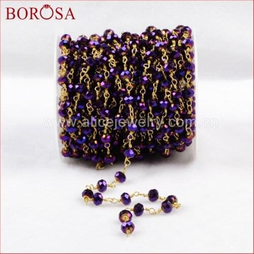 BOROSA 5 meters Gold Color Or Silver Plated Titanium Purple Color Glass Beads Chains JT089