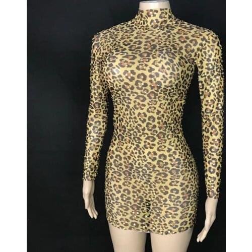 Transparent Mesh Leopard Mini Dress Shiny Rhinestones Long Sleeve Outfit Women Birthday Singer Dancer Stage Performance Costume
