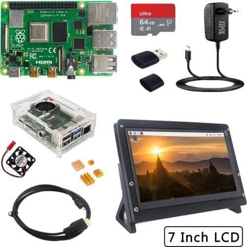 Raspberry Pi 4 Model B 2 4 8 GB RAM + 7 inch Touch Screen + Holder + 64 32 GB SD Card + Fan + Power + HDMI Cable for RPi 4 B