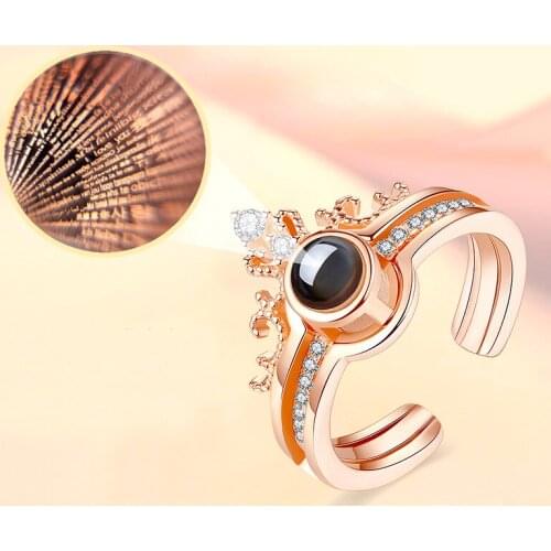 Romantic Couple Rings 100 Languages I Love You Projection Crown Zircon Ring Womens Engagement Wedding Party Jewelry