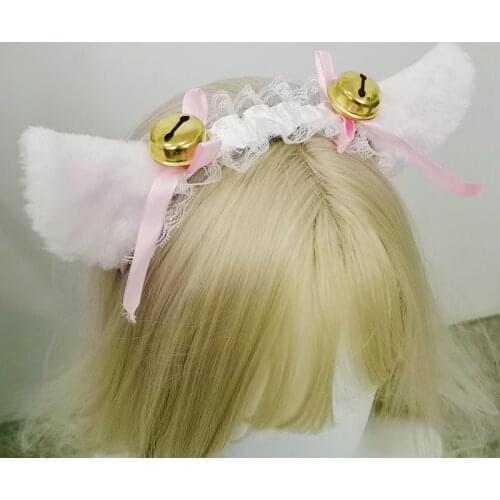 Handmade Cat Fox Ears Artificial White Black Lace Bell Cat Ear Plush Animal Ears Clip KC Hairband Anime Cosplay Hair Accessories