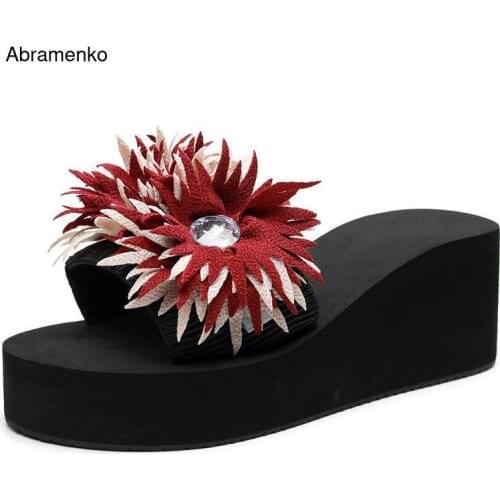 Sandals Flip Flop Women Wedge Platform Fringed Sandal Comfortable Rhinestones Flower Open Peep Toe Women Slipper Size 35-42