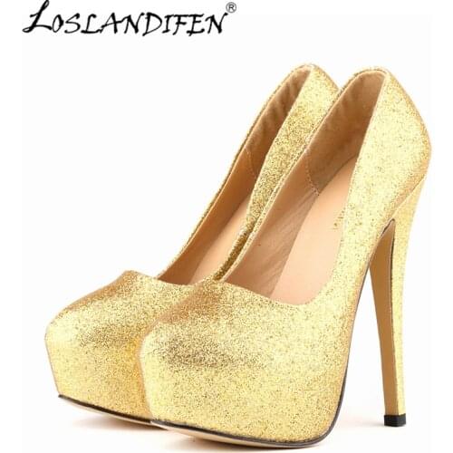 LOSLANDIFEN Sexy Women Pumps Ultra High Heels Glitter Gold Shoes 14cm Platform Round Toe Ladies Wedding Party 817-1Gitter