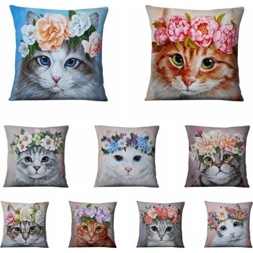 Cute Meow Cushion Decorative Pillow Cat With Flowers Thin Linen Pillowcase Cushionshome Decor Sofa Throw Pillow Cats Cushions