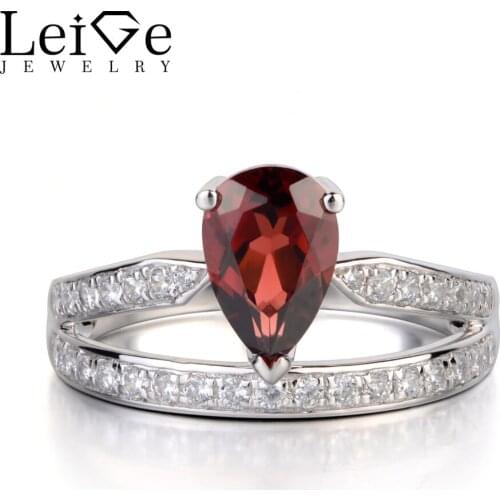 Leige Jewelry Natural Garnet Ring Sterling Silver 925 Fine Jewelry Tear Drop Wedding Engagement Rings for Women Red Gemstone
