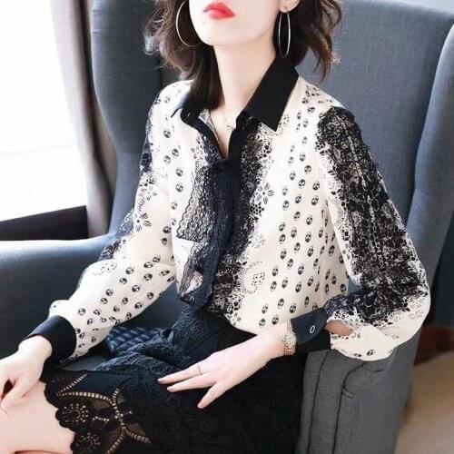 WomenS Spring Autumn Style Chiffon Blouses Shirt WomenS Long Sleeve Turn-Down Collar Button Lace Patchwork Loose Tops SP807