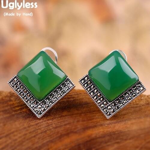 Uglyless Classic Geometric Square Studs Earrings for Women Chalcedony Earrings Thai Silver 925 Silver Brincos Fine Jewelry E1482