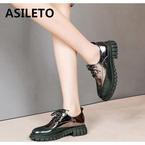 ASILETO New 2021 Ladies Flat Shoes Round Toe Thick Bottom Genuine Leather Lace-Up Designer Luxury Patchwork Soft Casual A3447