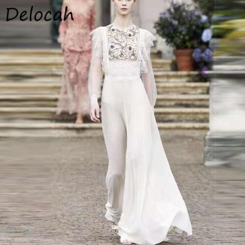 Delocah New 2021 Autumn Women Fashion Designer Party Long Dress Lantern Sleeve Gorgeous Lace Embroidery Elegant Pleated Dresses