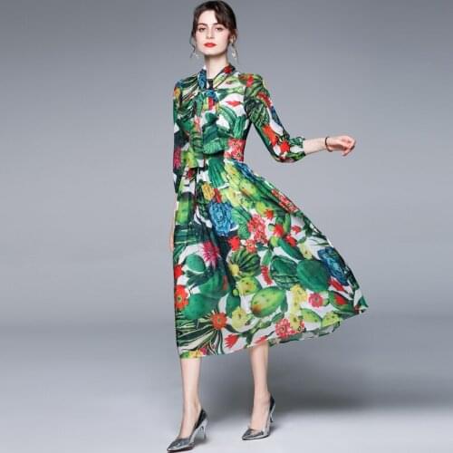 JSXDHK 6 Color New Fashion Runway Boho Holiday Midi Dress Womens Cactus Flower Printed Green Chiffon Bow Collar A Line Dresses