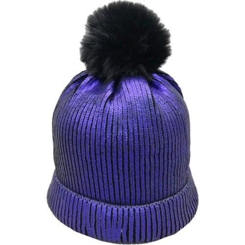Winterproof Women Sequin Knitted Fleece Beanie Hat With Faux Fur Pom-Pom Slouchy Knit Warm Shiny Bling Winter Beanies Skull Ca p